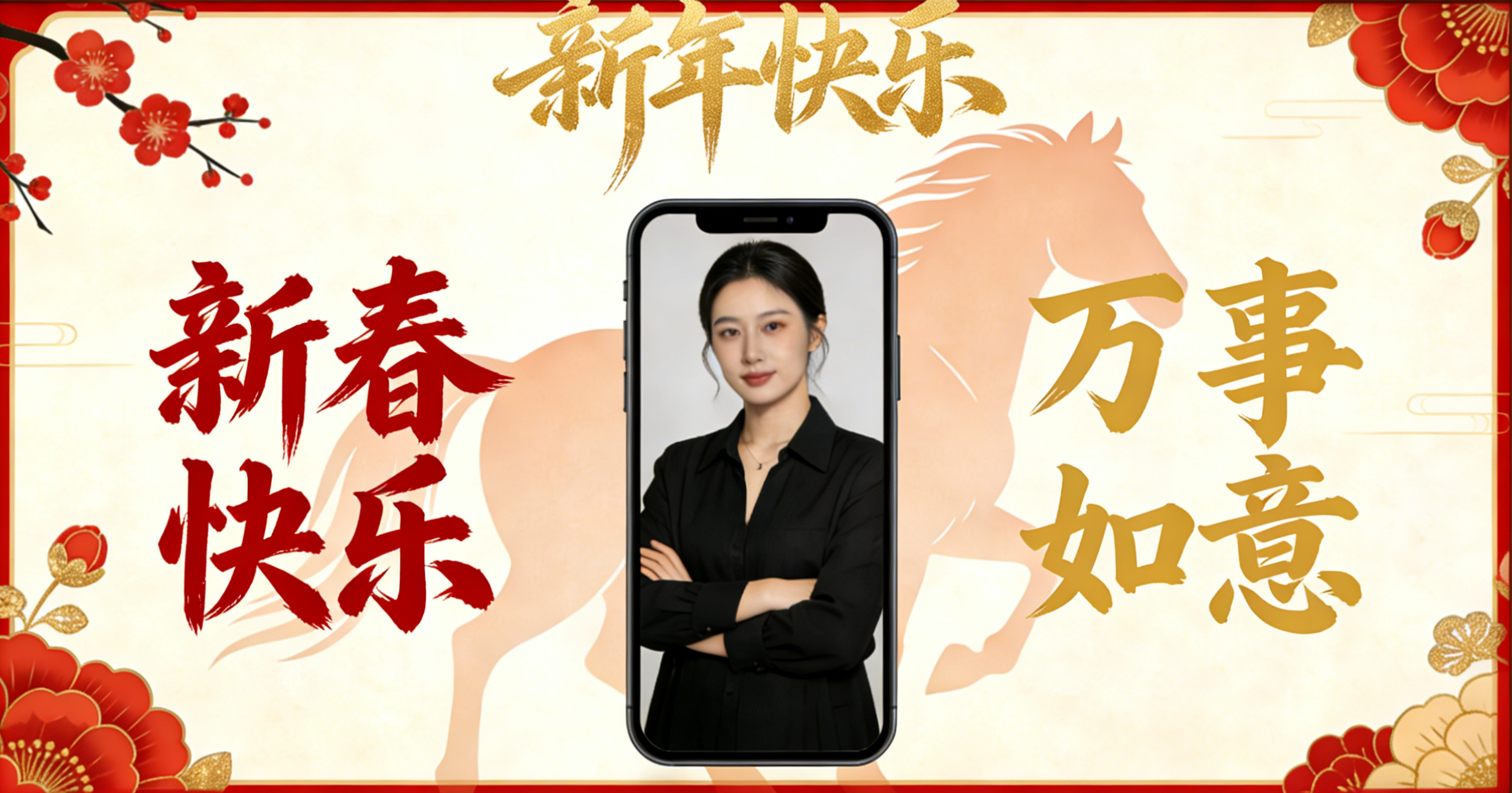 Basic Chinese New Year Greetings Card - Calligraphy style display of common greetings with horse motifs