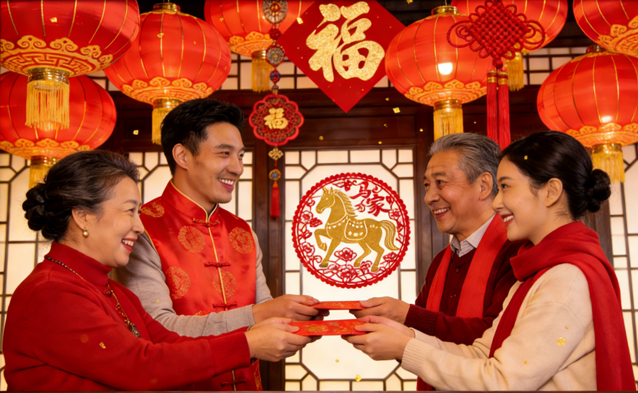 Chinese New Year Greetings Hero Image - Red envelopes and traditional decorations with Chinese characters for prosperity and horse zodiac symbols