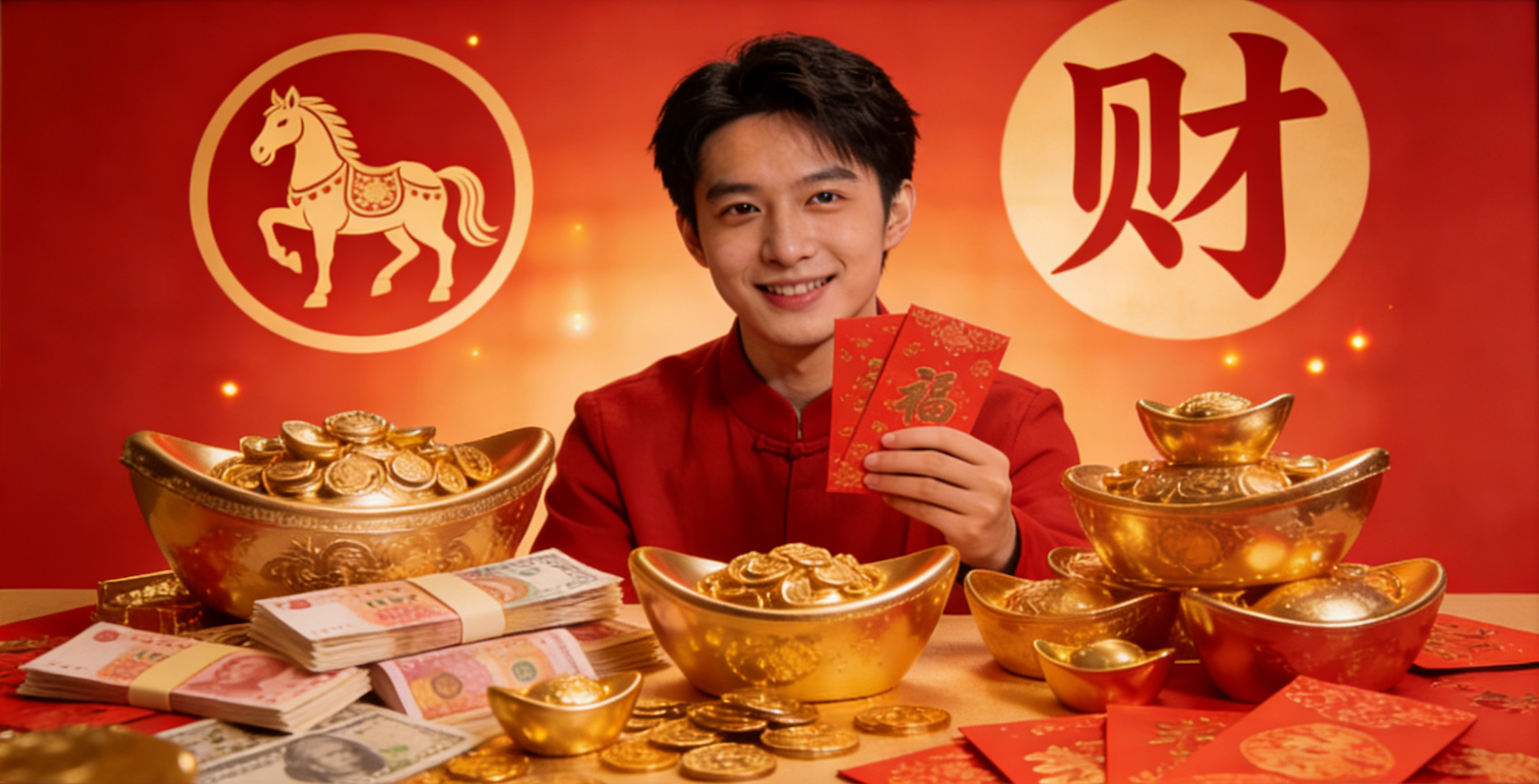 Prosperity Wishes for Chinese New Year - Gold ingots, currency and horse zodiac symbols with prosperity characters