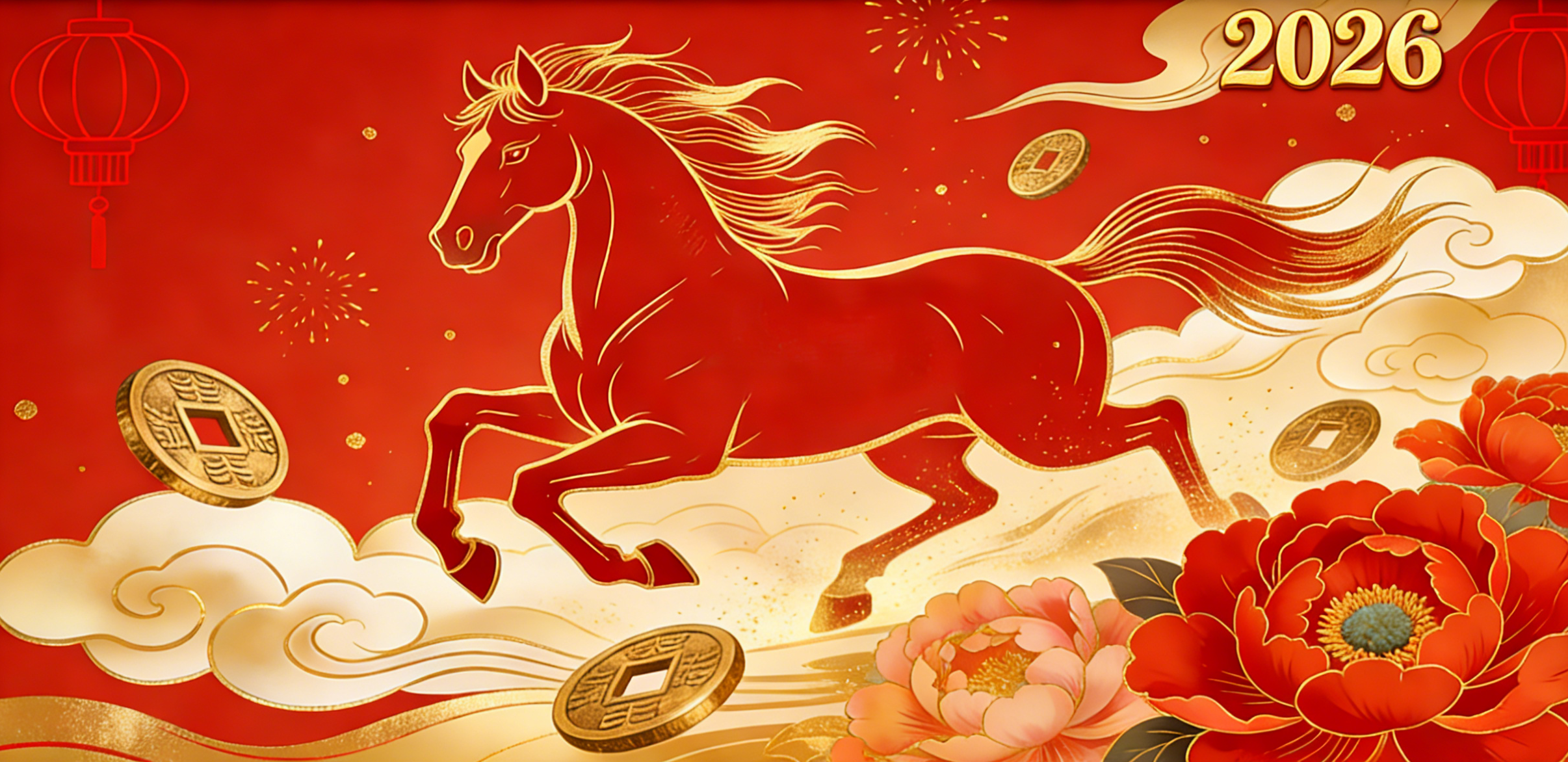 Chinese Zodiac Horse for 2026 - Stylized horse illustration with lucky symbols, red and gold color scheme