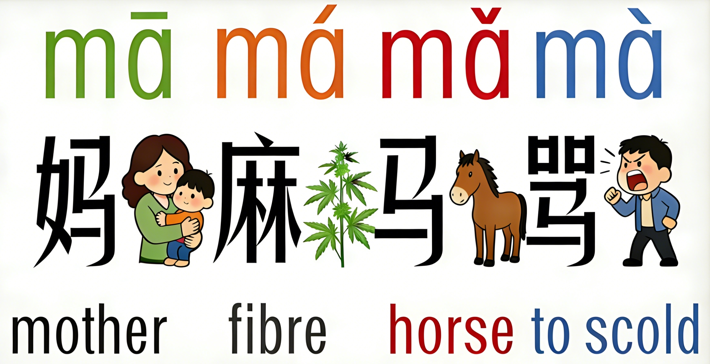 Four tones of "ma" visualized: 妈 (mā, mother) with flat line, 麻 (má, hemp) with rising line, 马 (mǎ, horse) with V-shape, 骂 (mà, scold) with falling line. Audio waves and character illustrations
