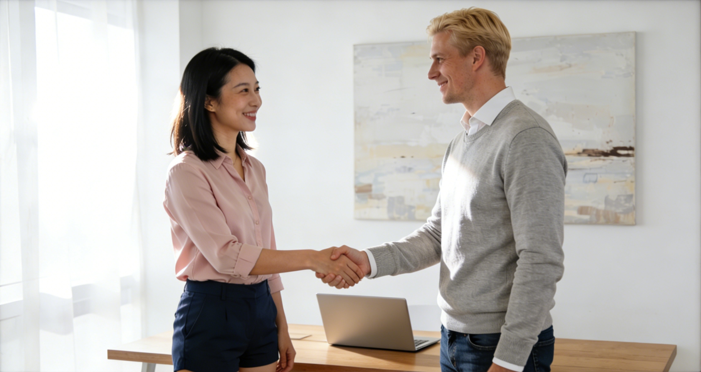 Global business meeting with Chinese and international professionals shaking hands, modern office background, diverse group, professional attire