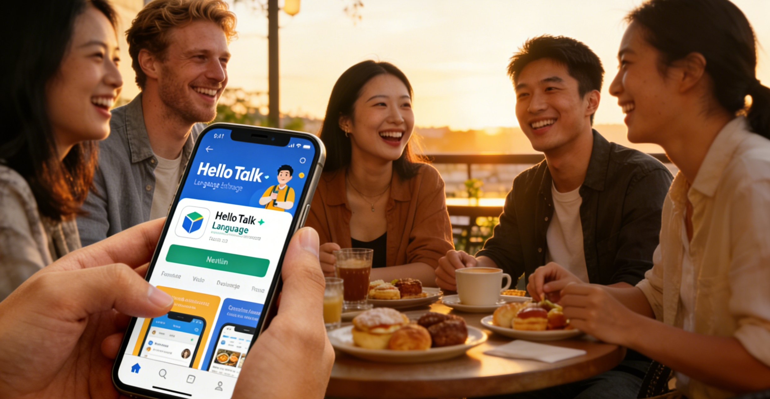 International friends from different countries (Western and Chinese) laughing together, sharing food, using smartphones to practice language exchange