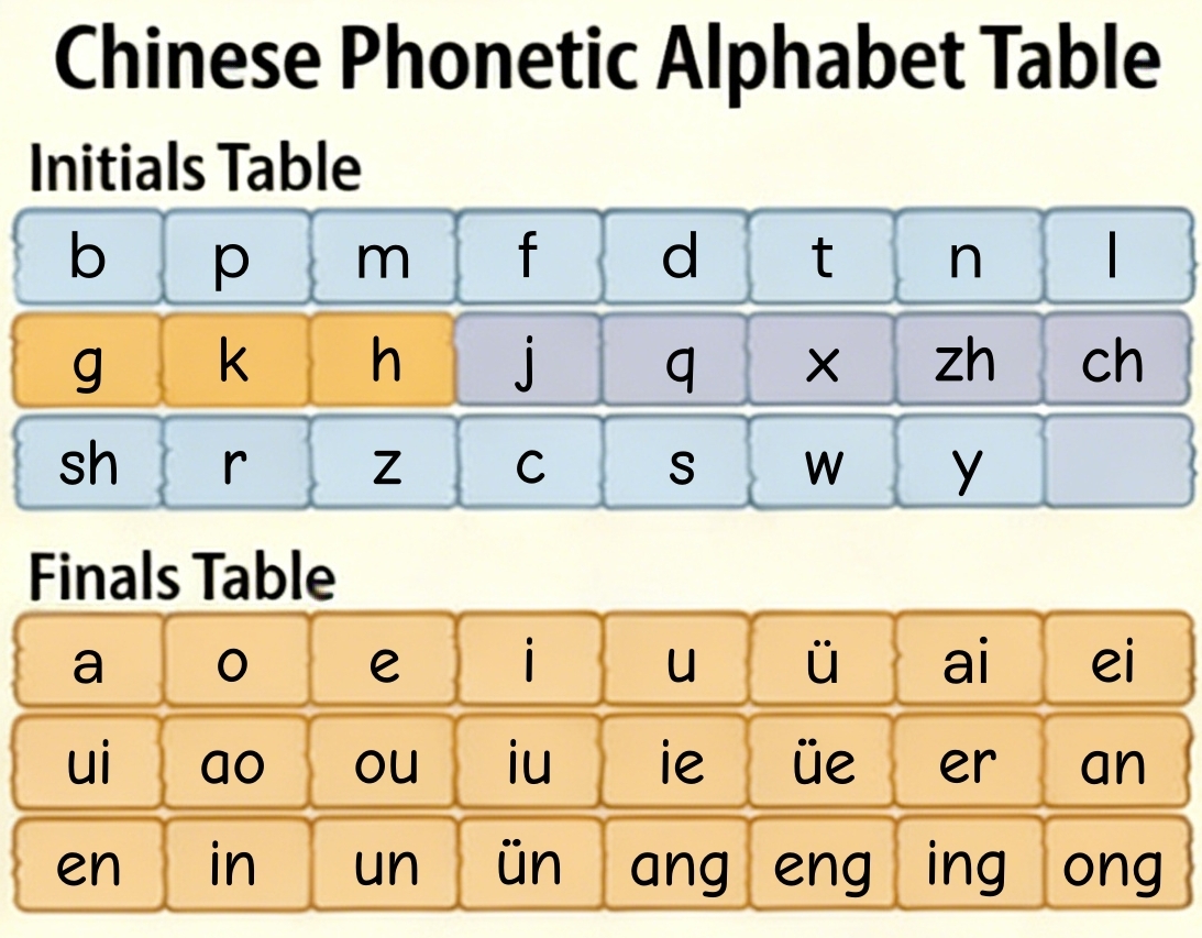 Pinyin chart with initials (zh, ch, sh, r) and finals (ü), audio wave icons, mouth shape illustrations for tricky sounds